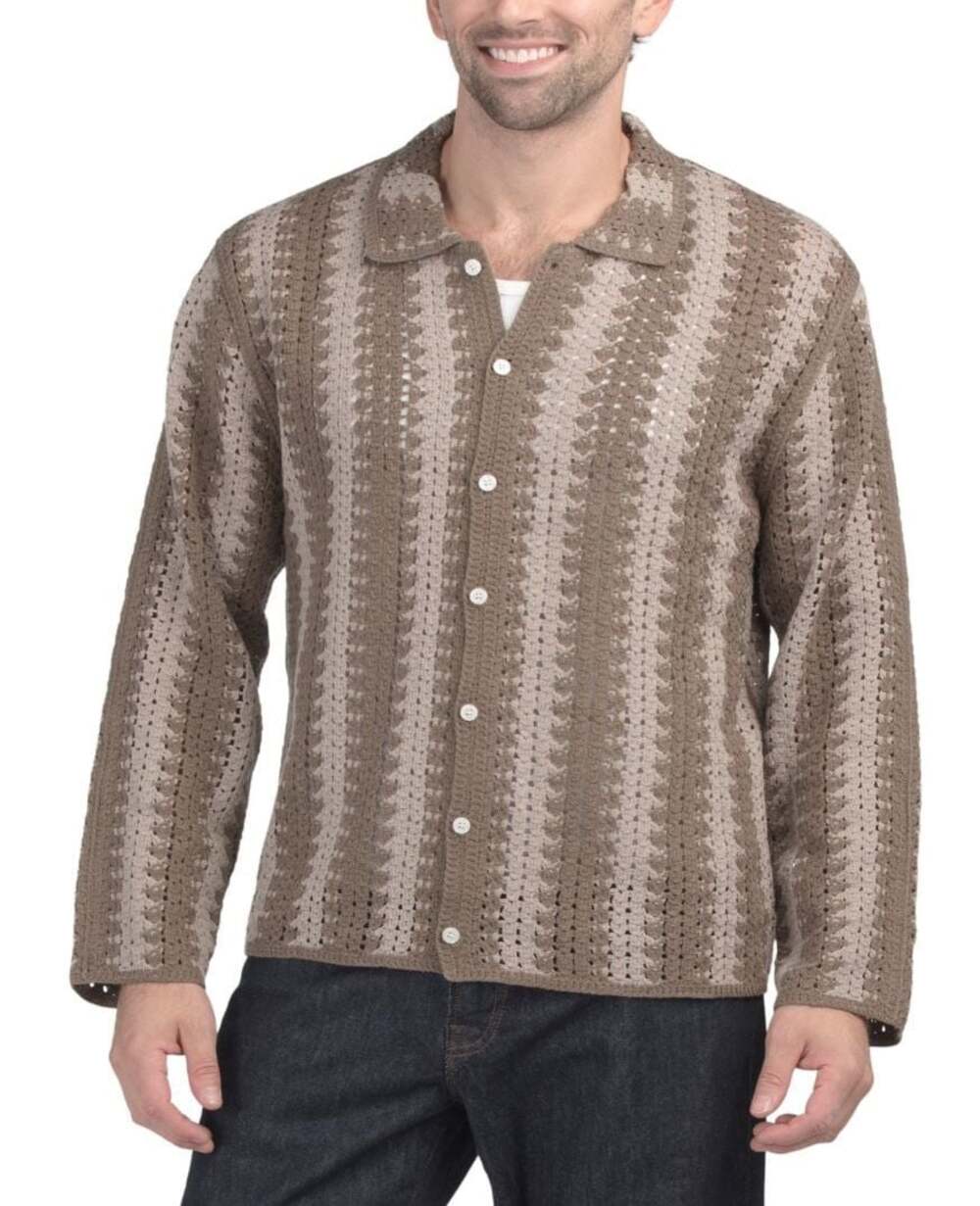 Truth by Republic Men's Taupe Combo Striped Crochet LS Knit Button-Up Shirt, M